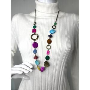 Necklace multi colored chunky disks beaded costume jewelry blue yellow pink